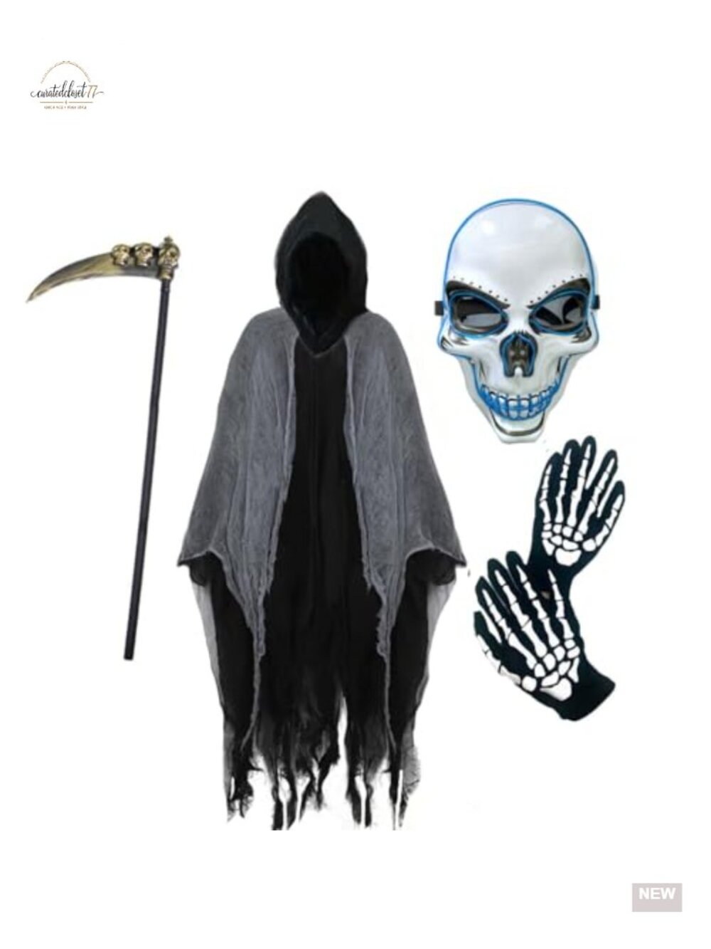 Grim Reaper Kids Halloween Costume Set LED Mask Hooded Cloak Scythe Gloves